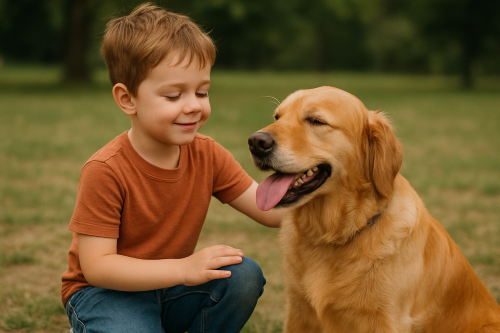 child petting dog
